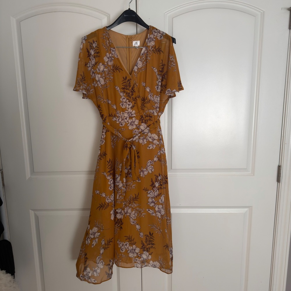 Dressbarn Mustard Yellow Floral Midi Dress Flutter Sleeve Faux Wrap Size 12
